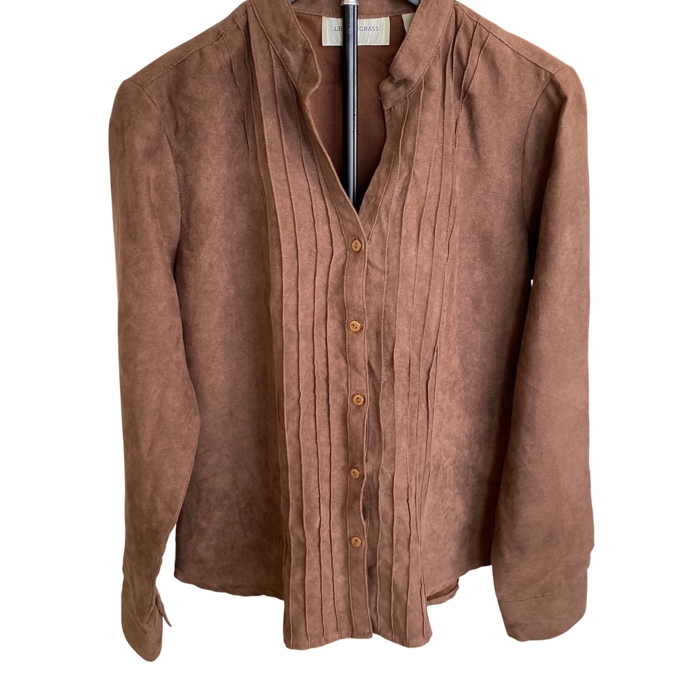 Lemon Grass Brown Faux Suede Pintuck Pleated Mandarin Collar Blouse Medium